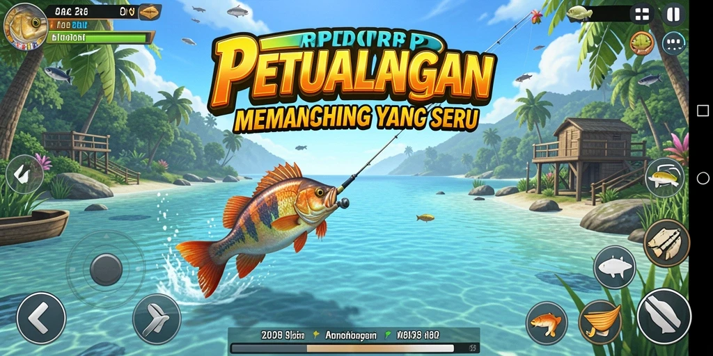Screenshot gameplay RPRPRP dengan aksi memancing yang seru.